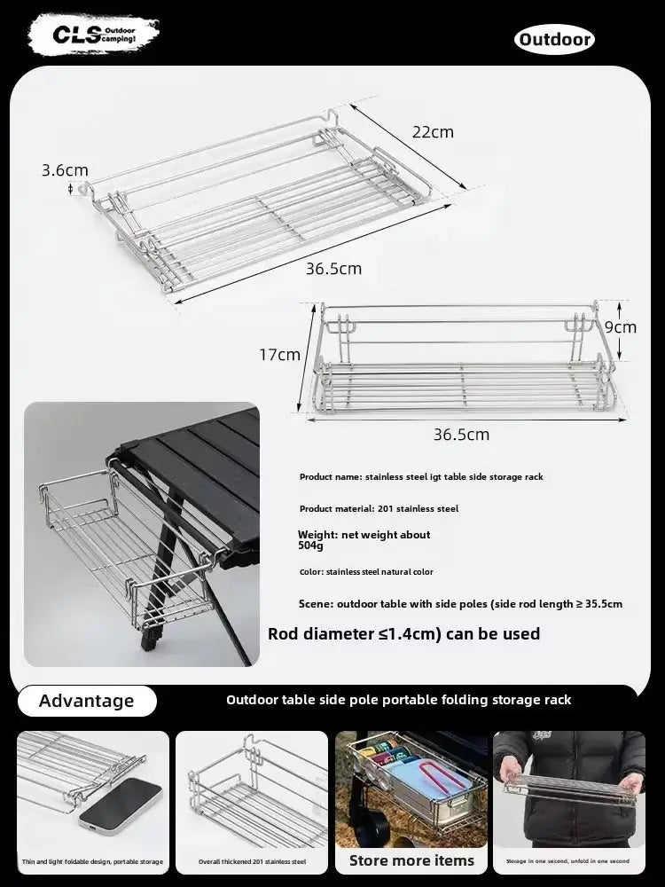 Simples Market stainless steel folding outdoor table side storage rack with hanging mesh basket