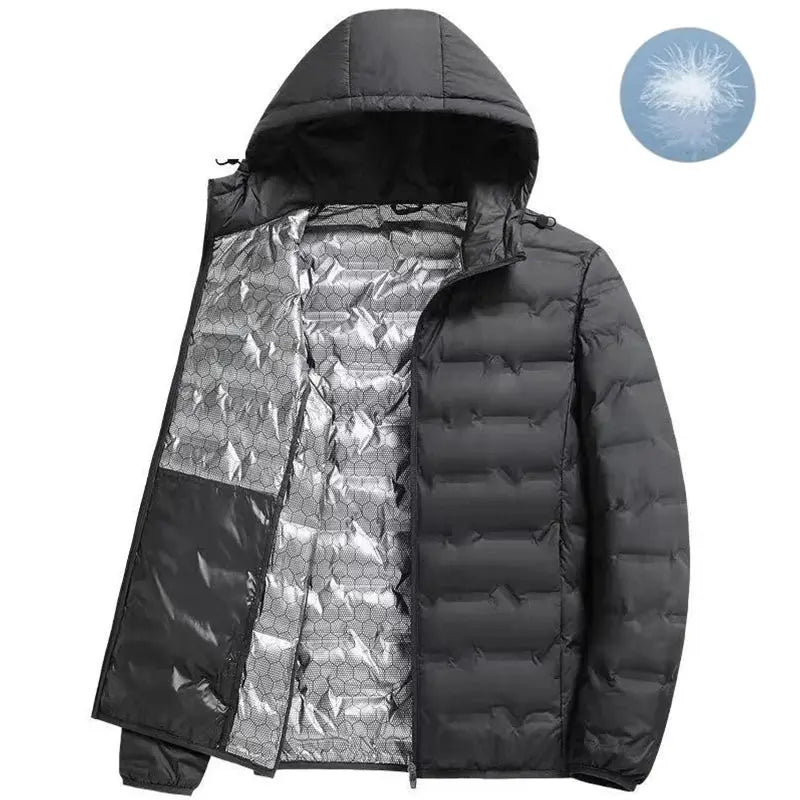 Simples Market men's hooded down jacket, black quilted shell with silver insulated inner lining.