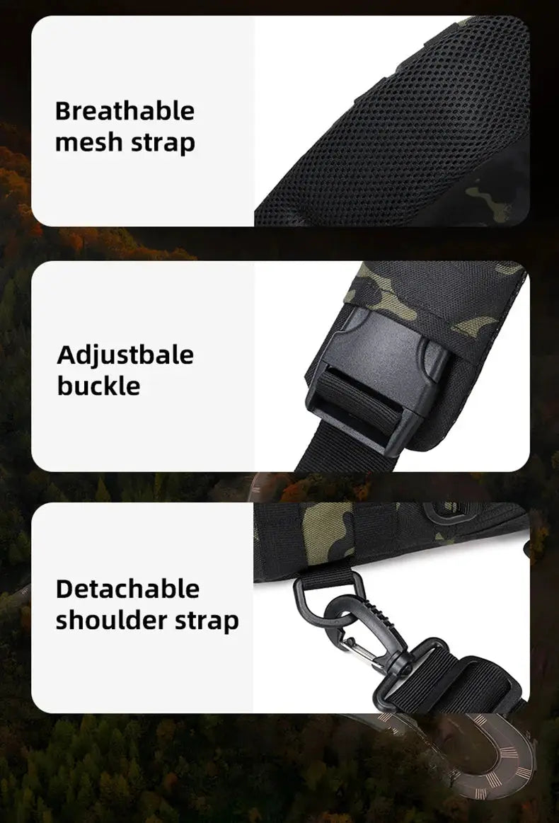 Tactical chest bag by Simples Market with breathable mesh strap, adjustable buckle, and detachable shoulder strap