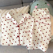 CozyNest Spring And Autumn Women Pajamas Loungewear Set Cardigan Breathable Crinkled Polyester With Love Heart Print