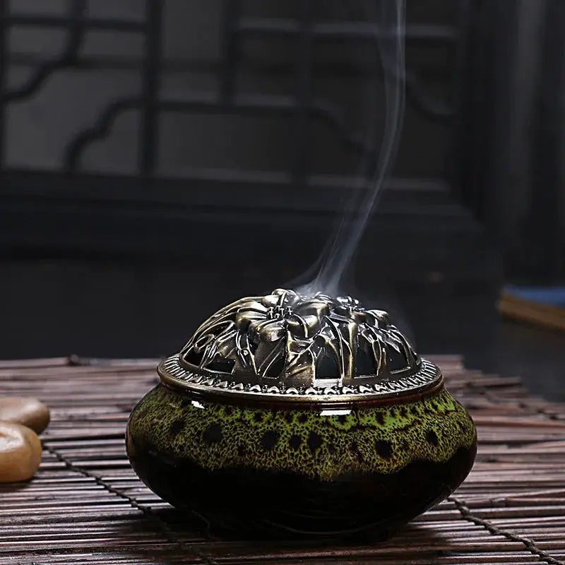 Ceramic Ice Crack Plate Incense Burner With Antique Copper Cover Aroma Diffuser Home Decor