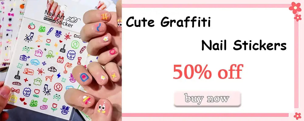 Nail sticker sheet with colorful 5D macaron, flower and fruit charms; embossed bear, rabbit and letter decals for manicures.