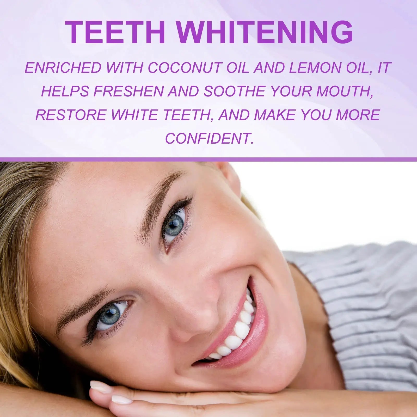 Teeth whitening strips by Simples Market, 14pcs, purple packaging, smiling woman showing bright teeth