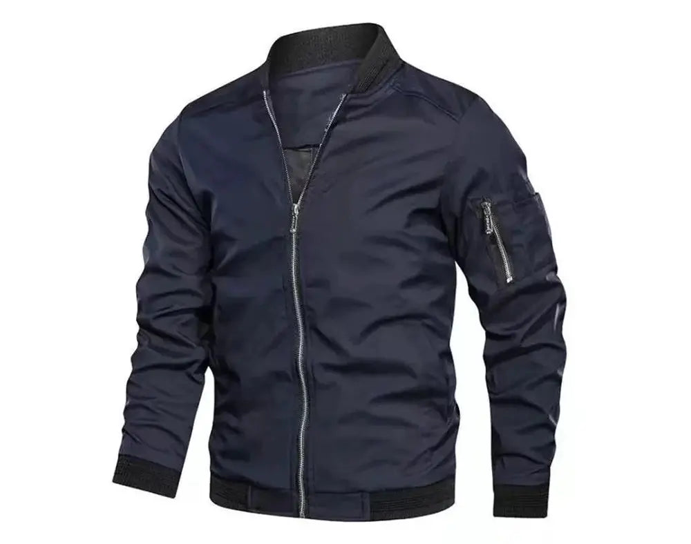 Simples Market navy windbreaker jacket for men, lightweight zip-up coat with front pockets, ribbed cuffs and hem