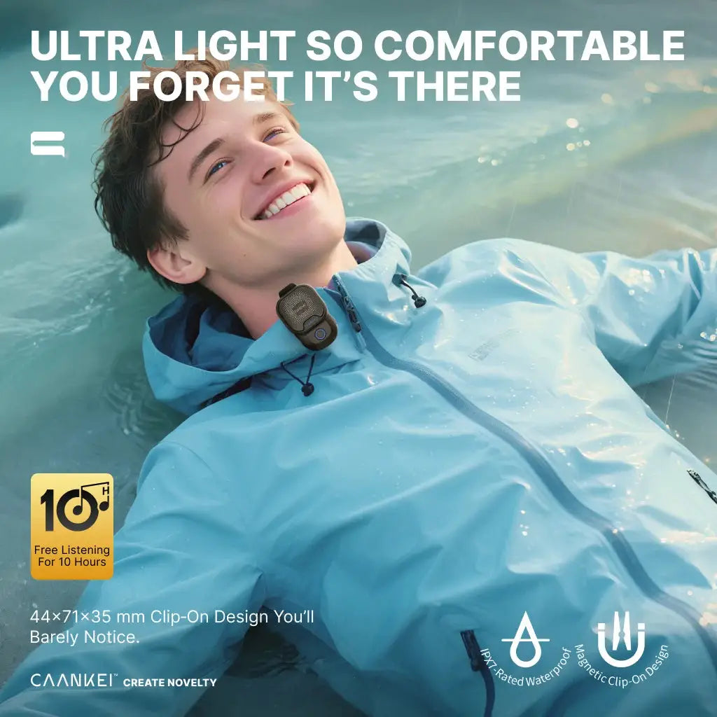 Wearable Bluetooth speaker clip-on design on a blue jacket; IPX7 waterproof for calls and music.