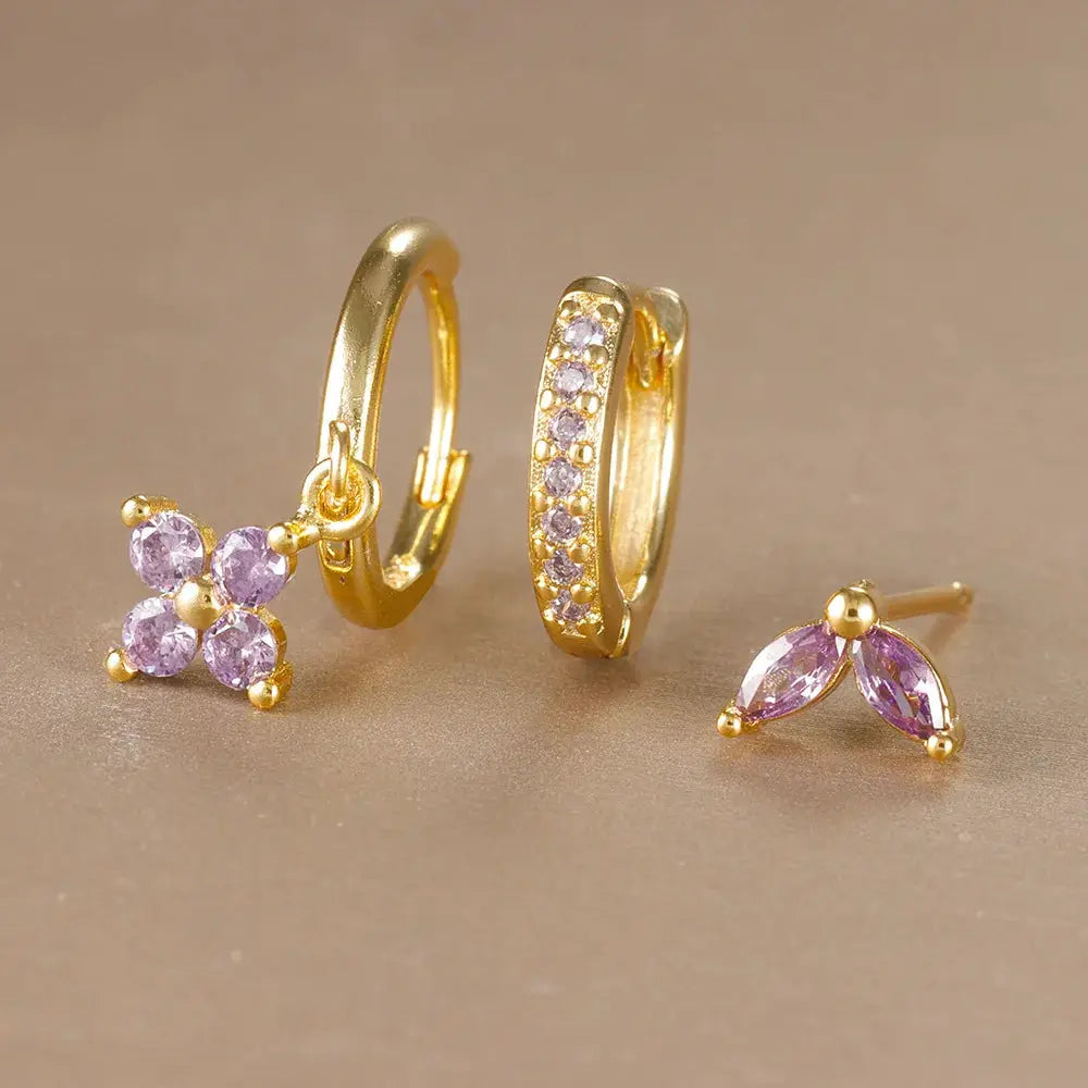 3Pcs Trendy Stainless Steel Flower Drop Earrings Set For Women Crystal Zirconia Dangle Hypoallergenic Piercing Jewelry