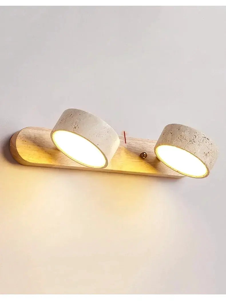 LED wall light; double round cement-style lamps on a wooden base, warm white glow, Simples Market