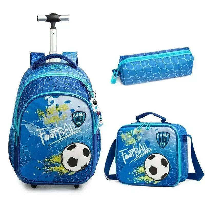 Wheeled backpack set for kids by Simples Market in blue soccer-ball print; includes backpack, lunch bag, pencil case.