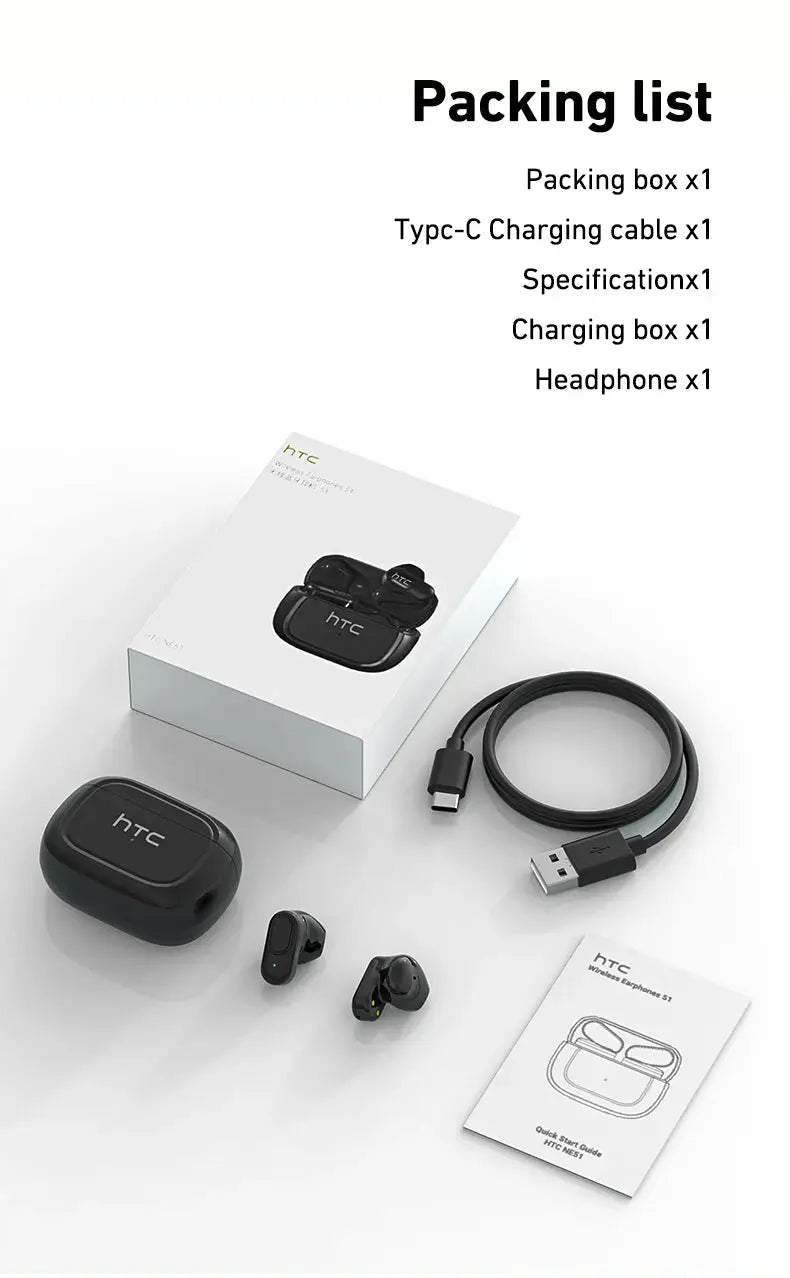HTC NE51 Bluetooth TWS earphones with black charging case and USB-C charging cable