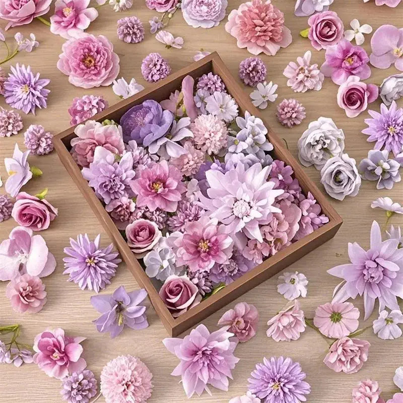 Simples Market artificial flower heads, 20/50pcs mini silk roses and daisies in pastel pinks and purples for crafts