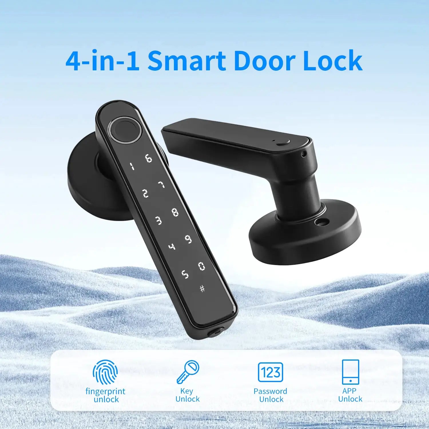 Simples Market 4-in-1 smart door lock with fingerprint keypad and handle, black