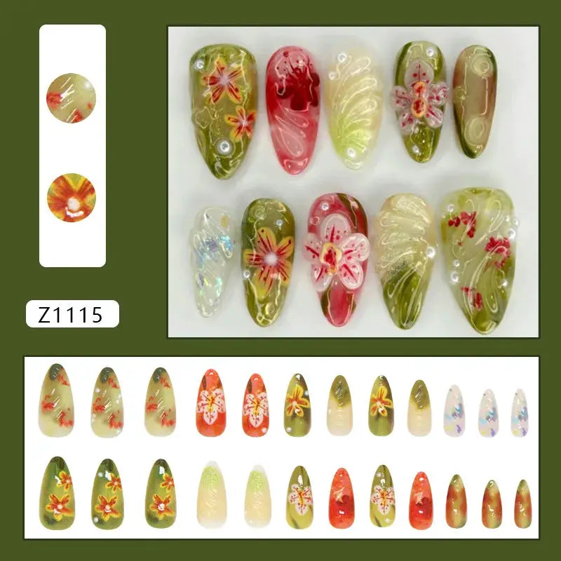 Spicy Girl Flower Print Press On Nails 24Pcs Wine Red Blush Almond Wearable Reusable False Nail Tips For Summer
