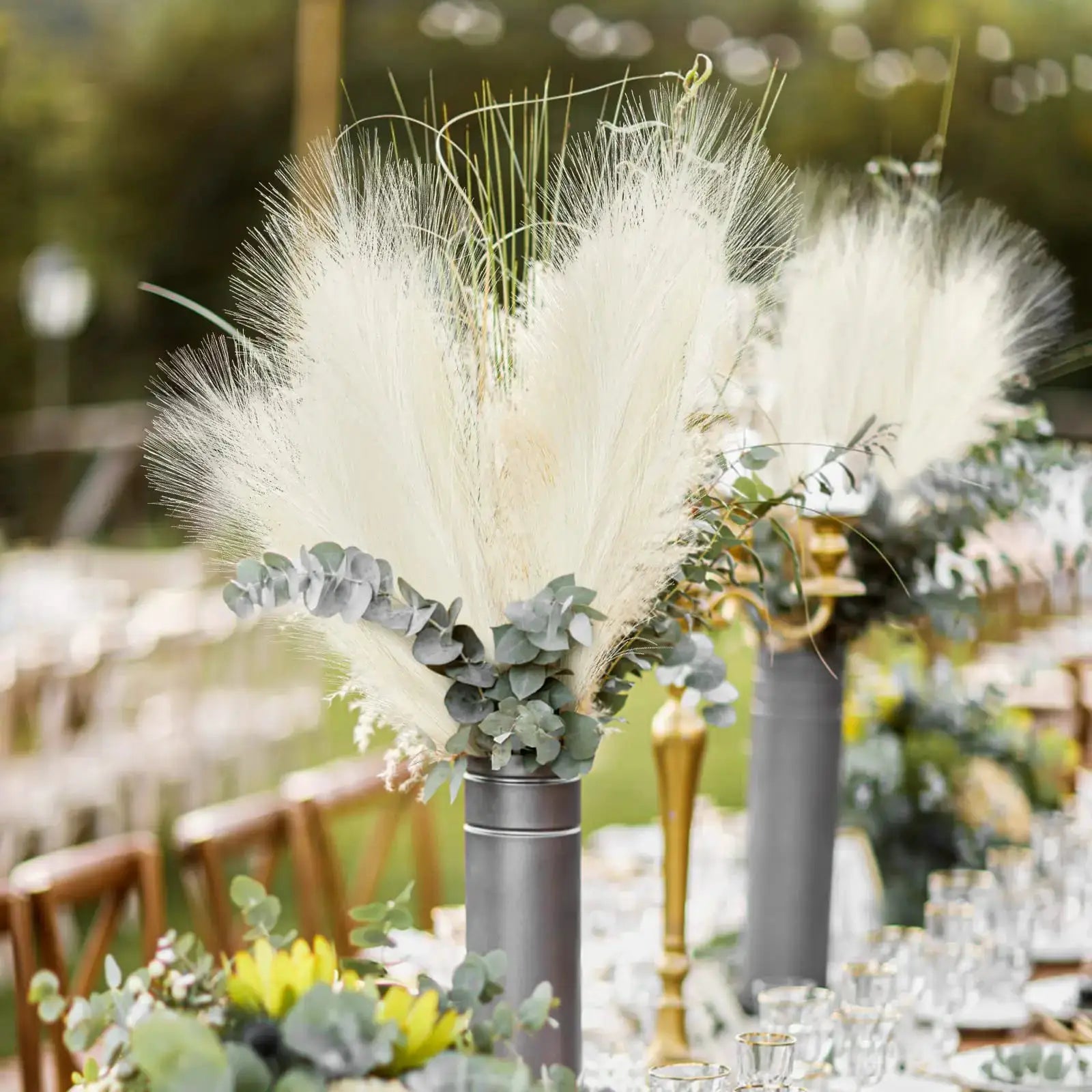 Artificial pampas grass bouquets by Simples Market; fluffy white plumes with eucalyptus for boho wedding decor