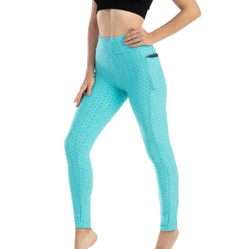 Women Fashion Pocket Bubble Pants teal high-waisted leggings with textured honeycomb pattern and side pocket