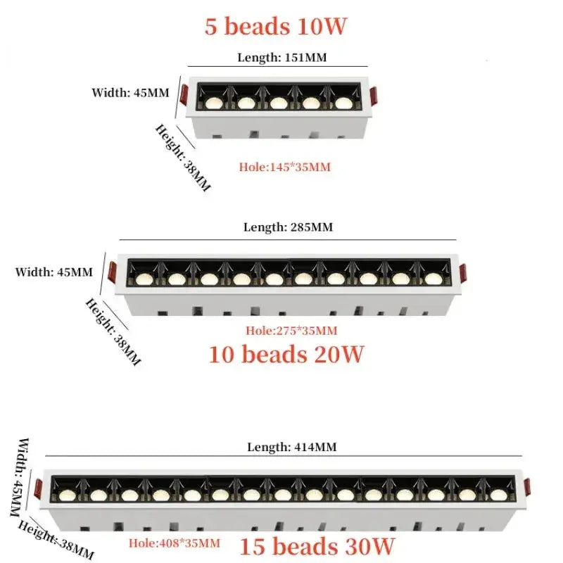Simples Market LED rectangle recessed ceiling downlight; white metal housing, 5-bead 10W, 10-bead 20W, 15-bead 30W.