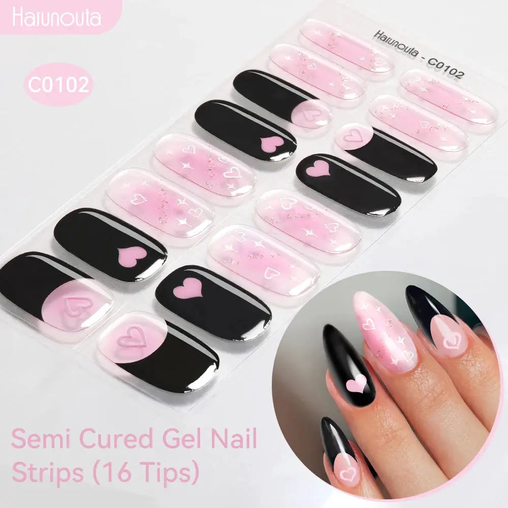 Semi Cured Gel Nail Strips Gradient Auroras, pink and black gradient with heart outlines and stars, 16 tips
