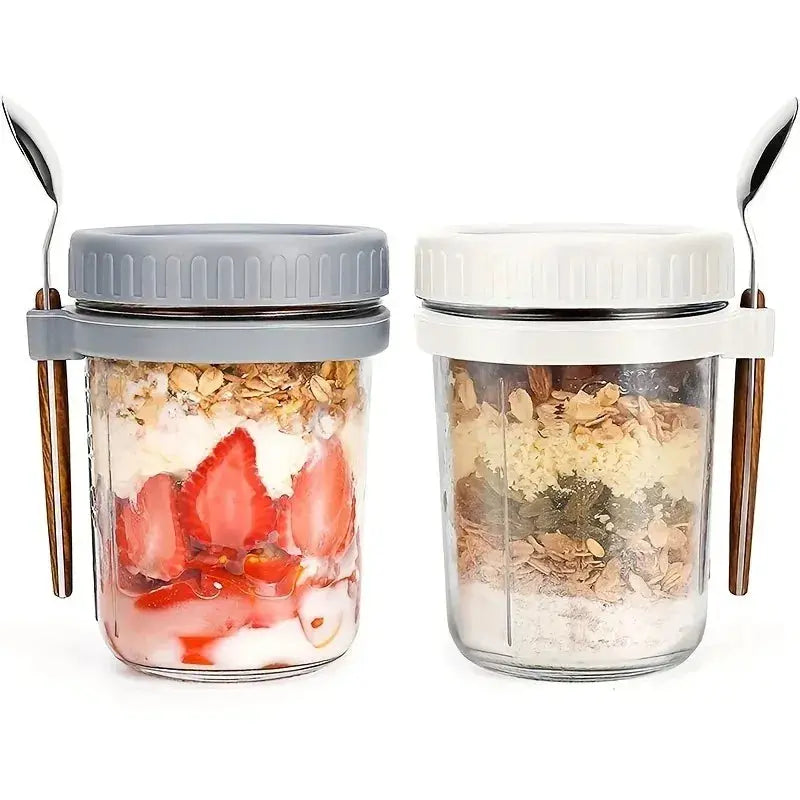 350ml Glass Overnight Oats Cup Portable With Lid And Integrated Spoon