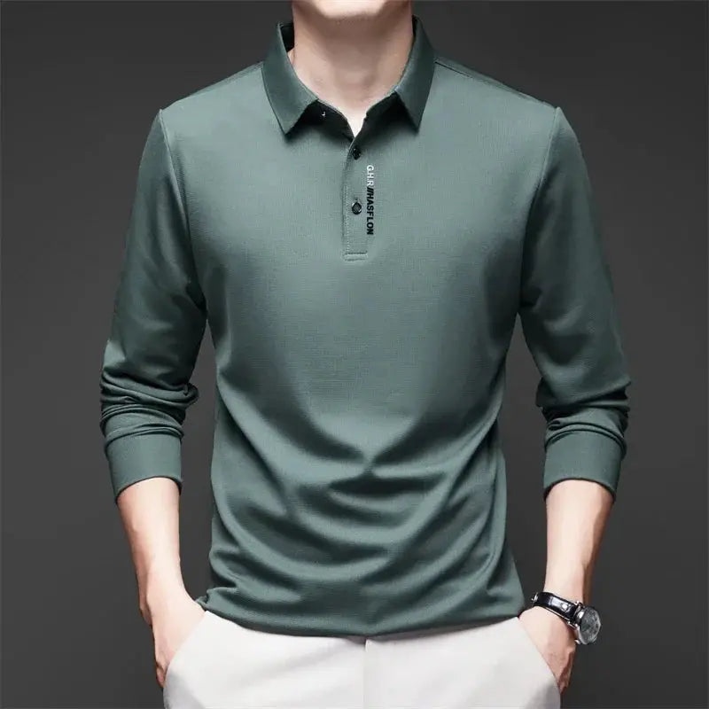 Simples Market men's green solid-color long-sleeve polo shirt with badge on placket