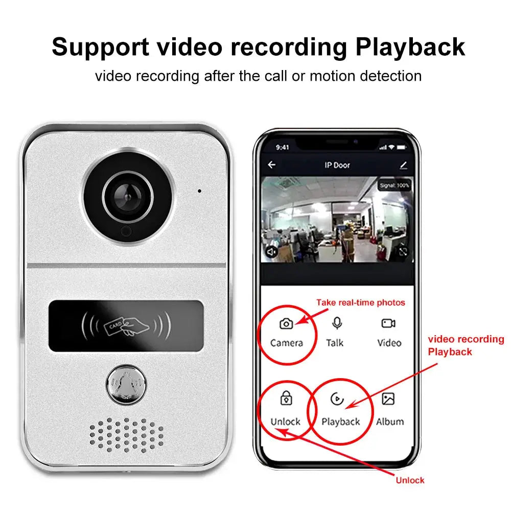 Tuya Smart 1080P doorbell camera, metallic silver; 2 items shown: doorbell unit and phone app screen.