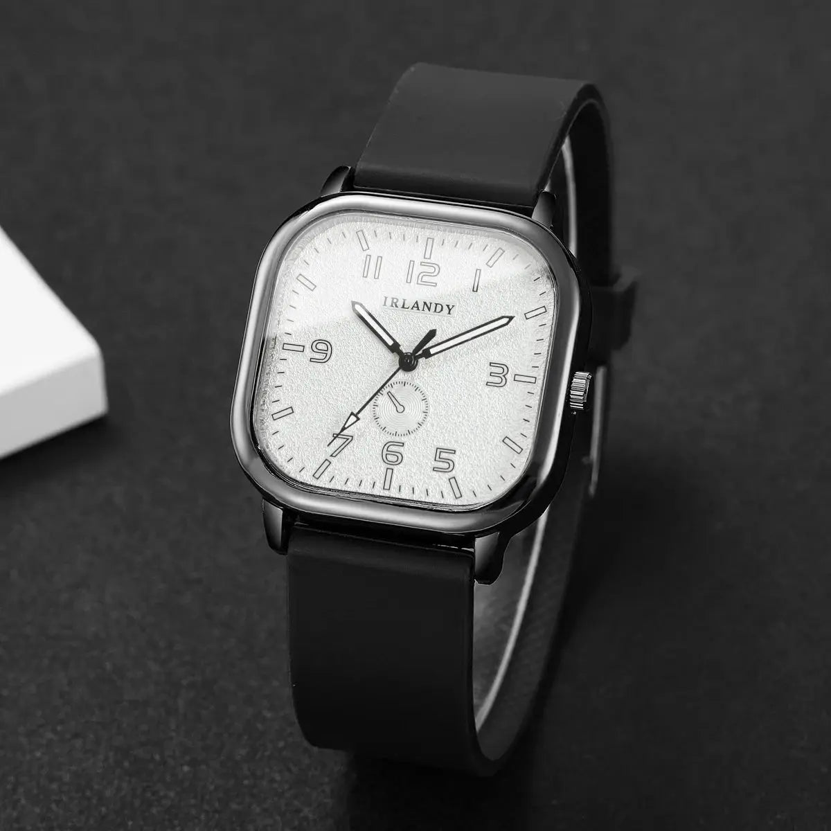 Irlandy square quartz wristwatch with black silicone strap and white dial