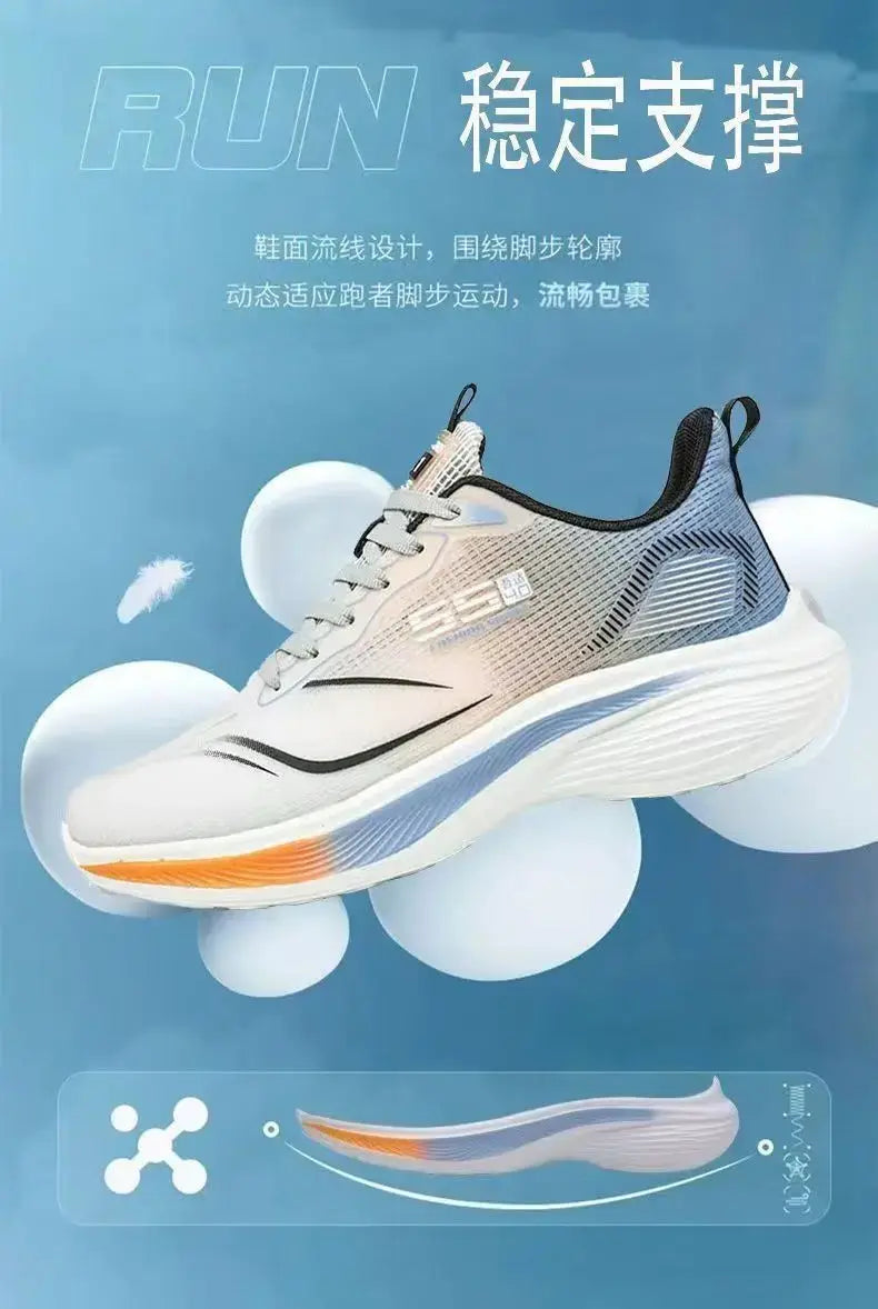 Breathable mesh men's sneakers by Simples Market; lightweight casual running shoes with gray-white upper and orange sole