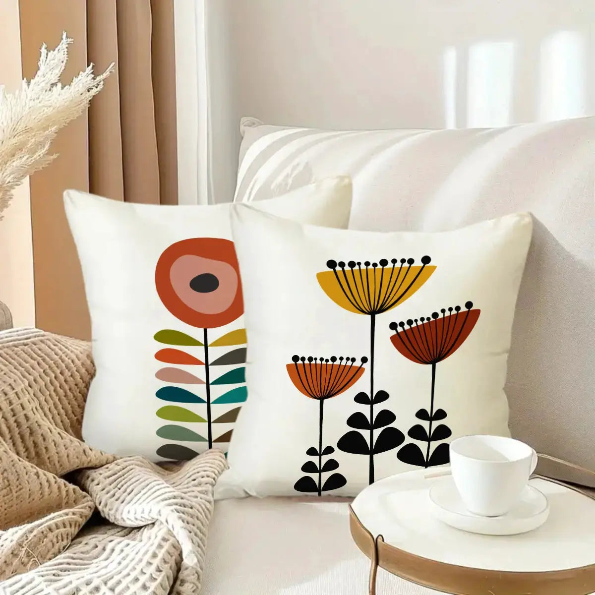 Floral pillow covers, 2-piece set by Simples Market with Bohemian multicolor leaves and black-stemmed flowers on white