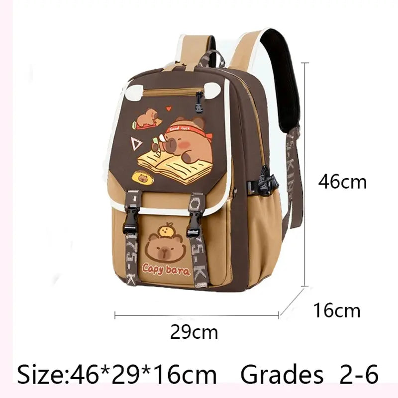Kawaii Capybara Backpack by Simples Market; khaki brown school bag with cartoon capybara design, 46x29x16 cm