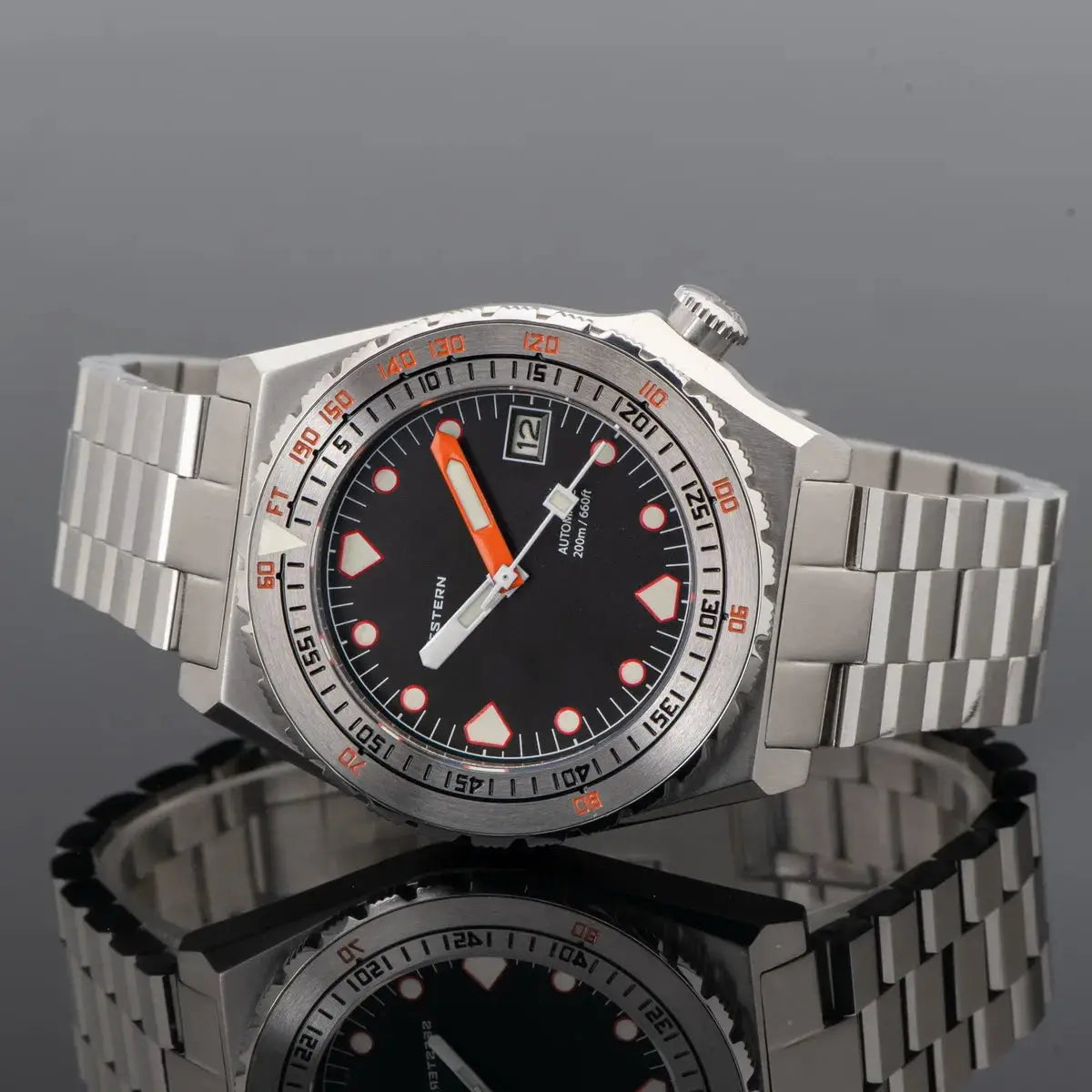 Seestern SUB600T V3 men's automatic dive watch with black dial, orange hands, and stainless steel Jubilee bracelet.