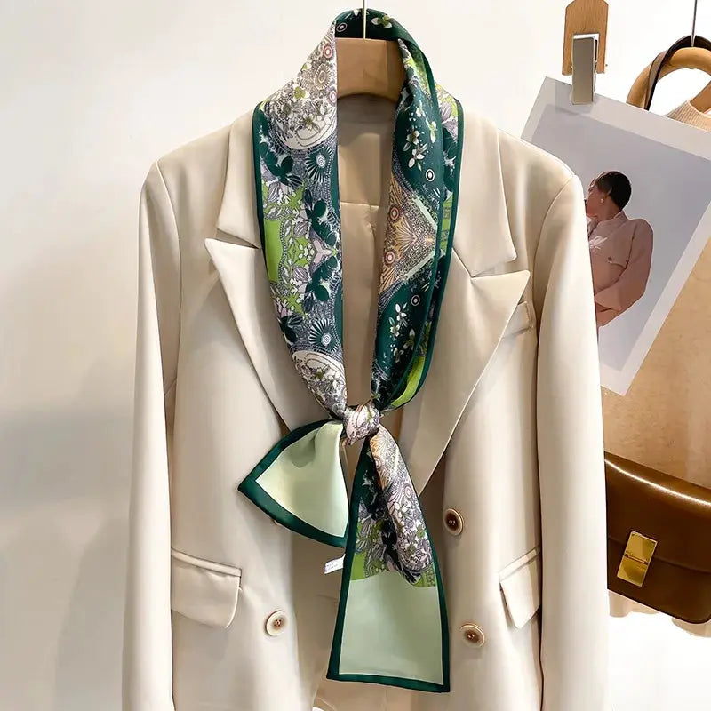 LuxeSilk Silk Feel Printed Design Scarf Versatile Long Narrow Silk Shawl For Fashionable Styles