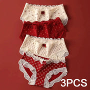 3-piece lace-trimmed cotton panties set in red and ivory with bows, Simples Market