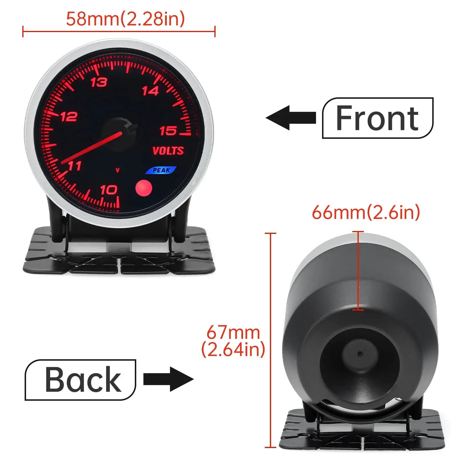 58mm 12V volt gauge with red LED dial and peak indicator, front view