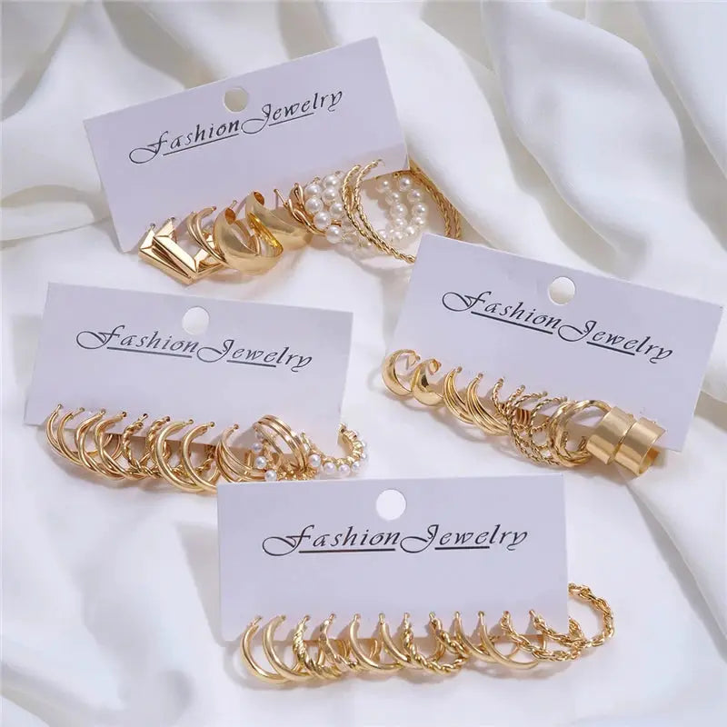 24 Pairs Gold Color Vintage Hoop Earrings Set For Women And Girls With Imitation Pearl And Geometric Twist Designs