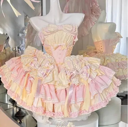 Girls Birthday Lolita Dress Tube Top Satin Bowknot Pettiskirt Mini