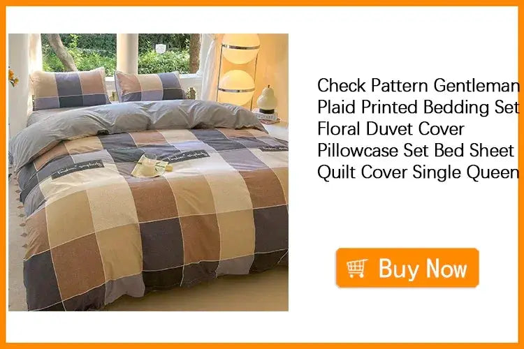 Simples Market Kawaii Bear Printed Bed Set; plaid patchwork duvet cover and pillowcases in beige, brown and gray