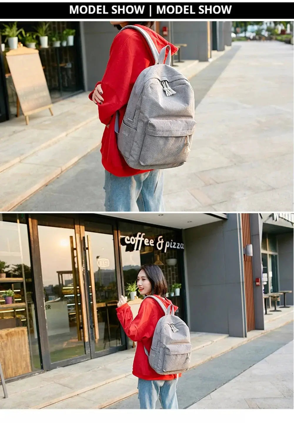 Personalized corduroy student backpack in grey with anti-theft features by Simples Market