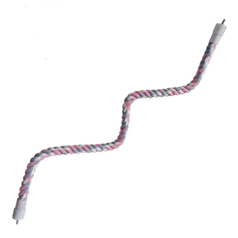 Parrot rope bite toy by Simples Market; pink and gray cotton braided rope with end caps for climbing and swinging.