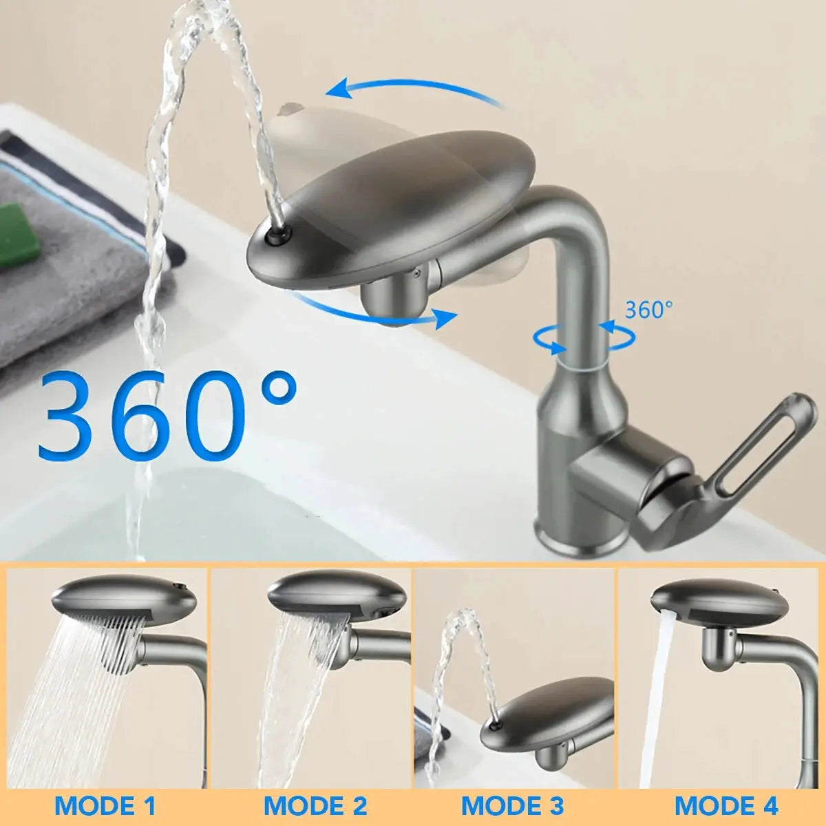 Simples Market 4-mode waterfall basin faucet with 360° rotation, hot/cold mixer, metallic finish.