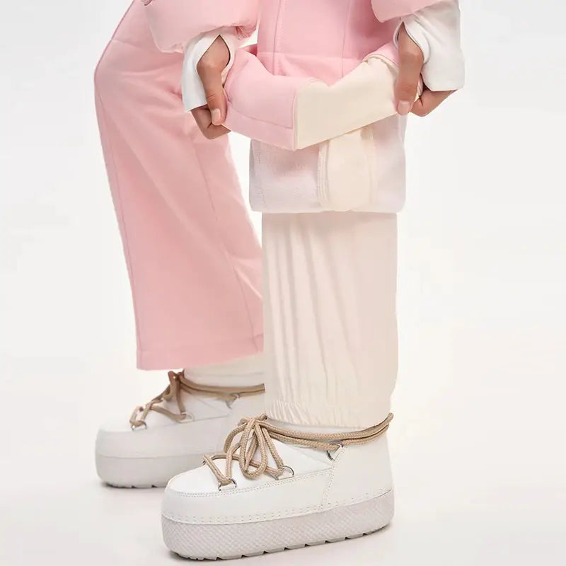 Pink women's thickened one-piece ski suit with faux fur hood and high-waist belt