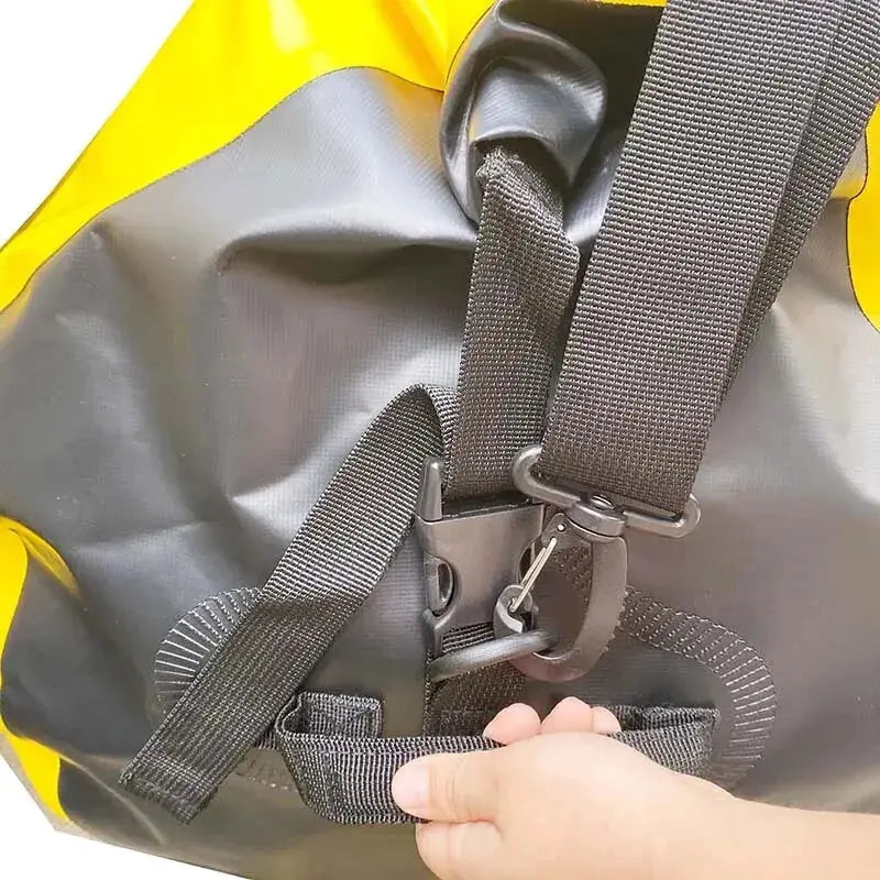 40L-120L waterproof duffle bag by Simples Market for motorcycle tail bag, yellow and grey with black straps.