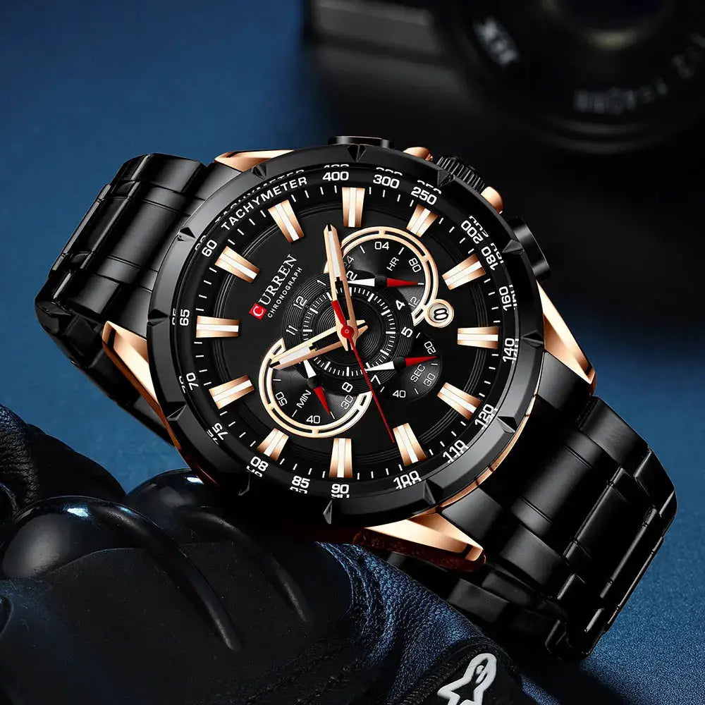 CURREN 8363 men's chronograph watch with stainless steel band, rose-gold accents, luminous pointers and big dial