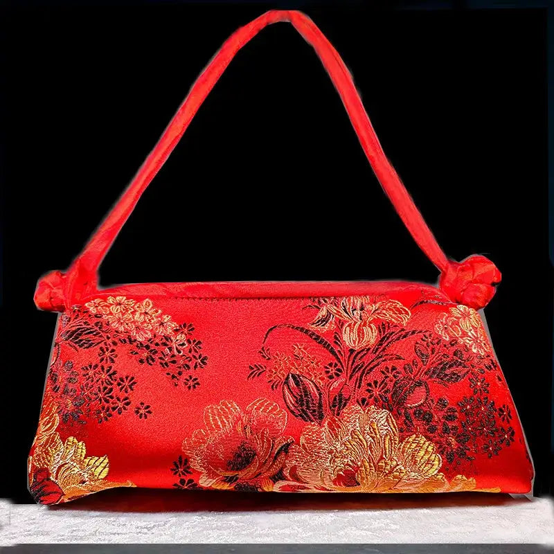 Fashion shoulder bag; red satin purse with gold floral embroidery and short strap