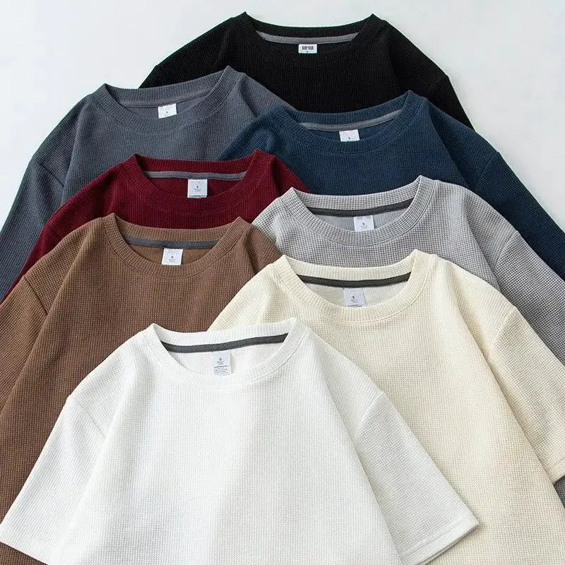 Waffle Knit Short Sleeve T Shirt For Men And Women Summer Japanese Round Neck Loose Casual Solid Color