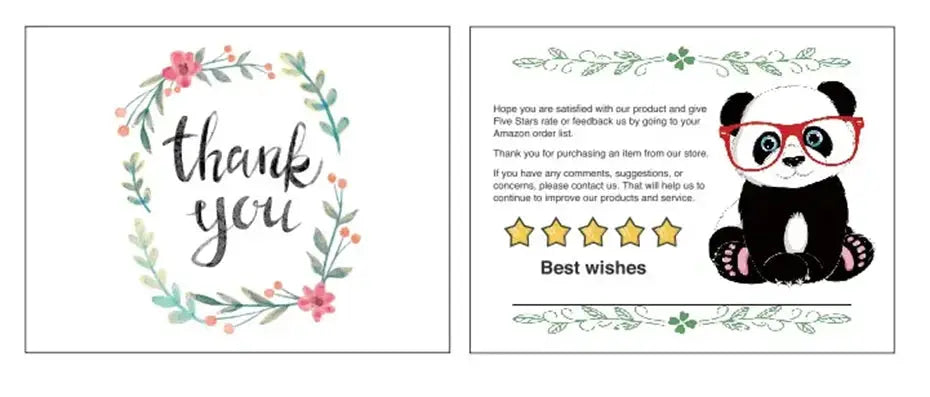 Pair of greeting cards: floral thank-you card with a wreath, and best wishes card featuring a panda wearing red glasses.
