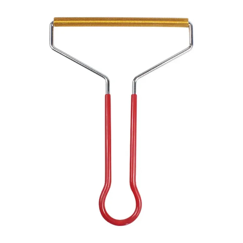 Portable lint remover tool with red handles and yellow roller for pet hair on clothes