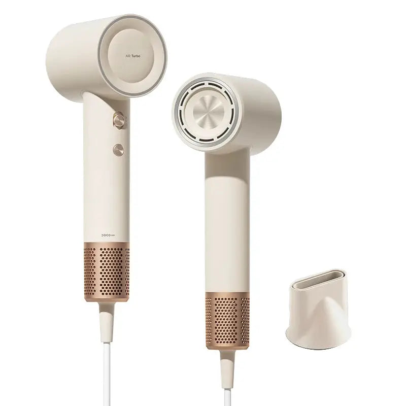 DOCO hair dryer by Simples Market; beige compact handheld with rose-gold vent and detachable concentrator nozzle