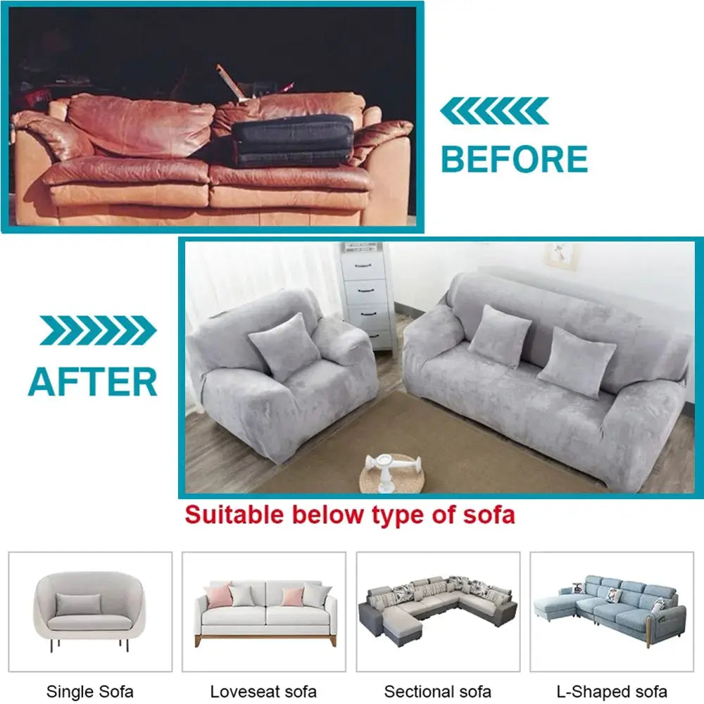 Velvet gray sofa cover by Simples Market; thick elastic stretch fabric for 1–4 seater L-shaped corner sofa.