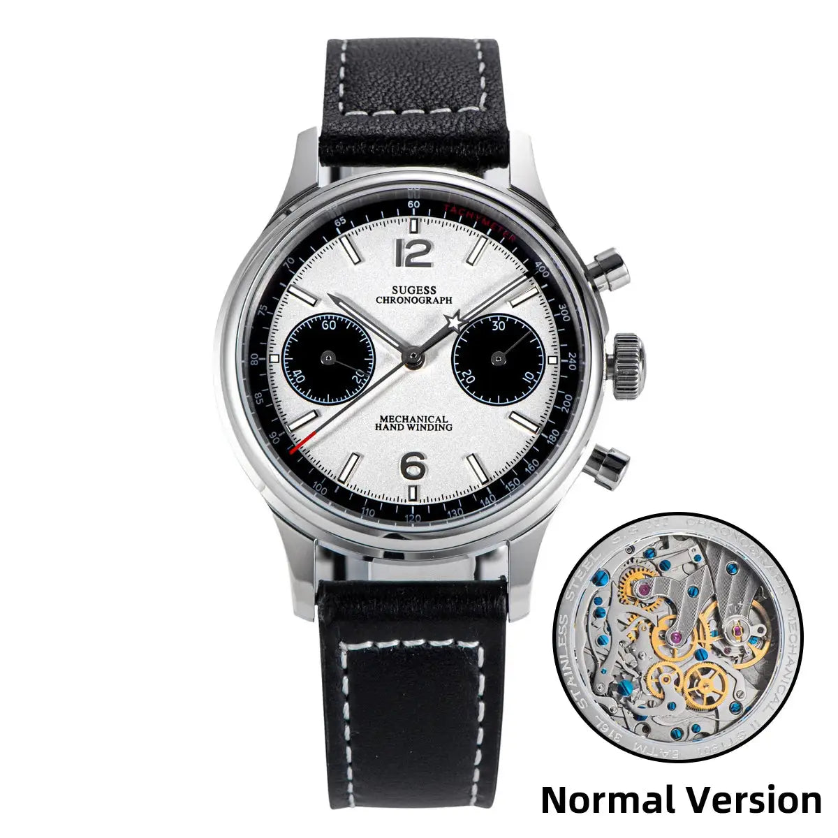 Sugess 1963 Pilot Panda chronograph watch with stainless steel case and black leather strap.