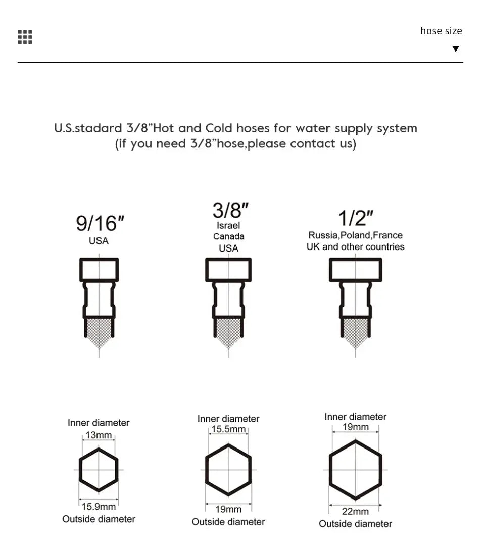 Simples Market basin faucet diagram showing hose sizes 9/16in, 3/8in, 1/2in and bore diameters