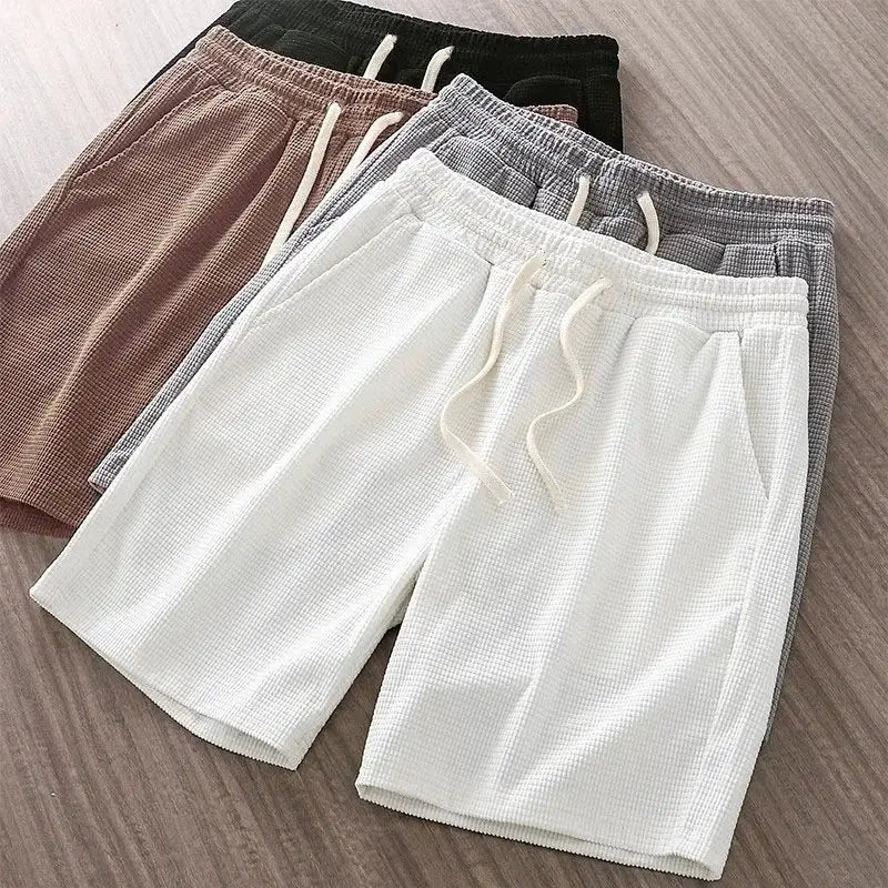 Men's drawstring shorts set of 5 colors with mid waist, waffle texture, knee-length, Simples Market