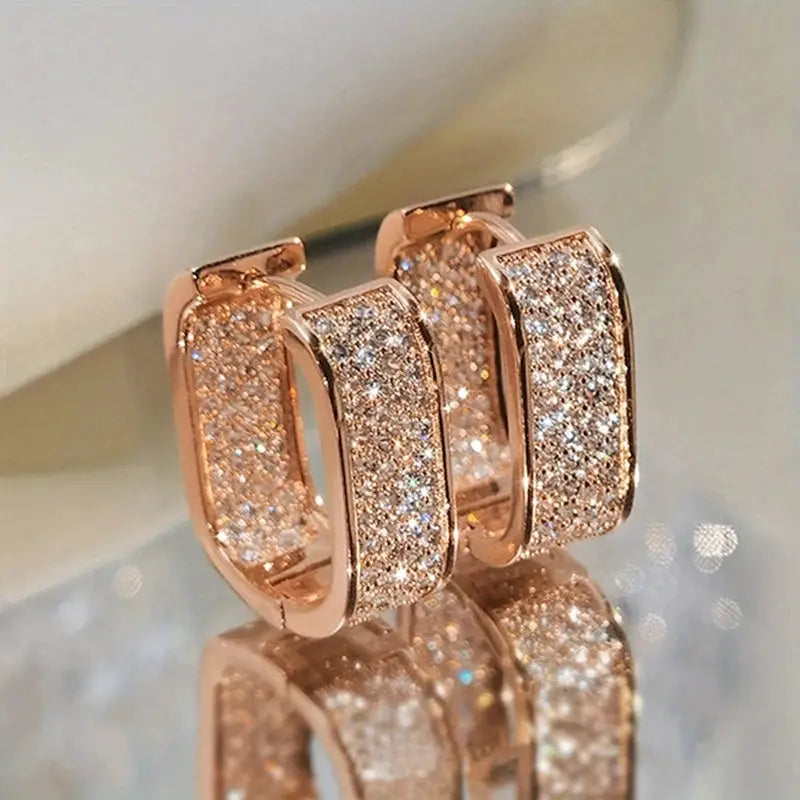 Huitan Korean Fashion Paved CZ Hoop Earrings for Women Silver or Gold Color Versatile Copper Alloy